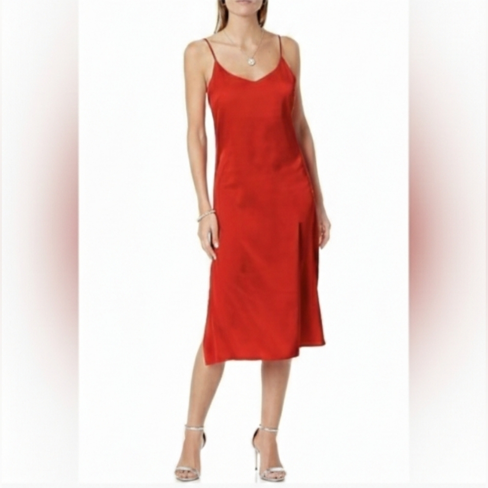 🌹The Drop Ana Silky Red Satin V- Neck Midi Slip Dress Medium, Valentine's Day🌹